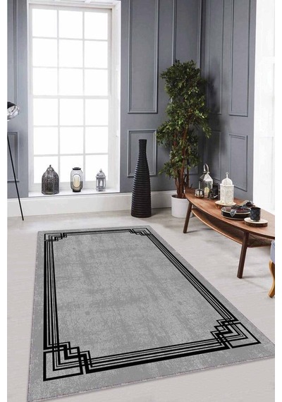 Gri Çerçeveli Kaymaz Tabanlı Makinede Yıkanabilir Halı Rv073n11