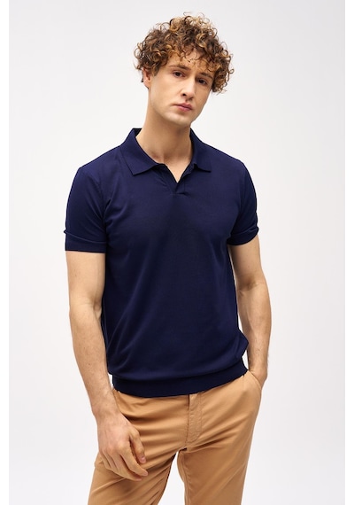 Lacivert Slim Fit Dar Kalıp Polo Yaka Düz Kısa Kollu Triko Tişört-16333 Lacivert