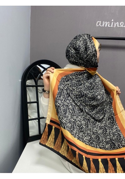 Aminenesil Cardion Premium Etnik Desen Şal Sarı Siyah Renk Siyah Sarı