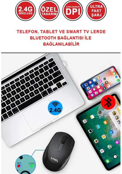 Bluetooth Şarj Edilebilir Kablosuz Ve Çift Mod Sessiz Mouse 800 - 1200 - 1400 Dpı Mt8122 Diğer