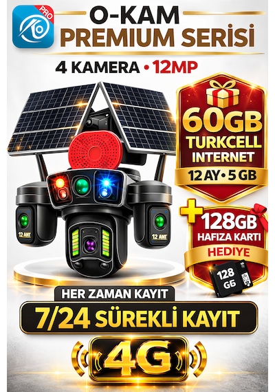 O-kam Ok336 Premium Serisi 12mp 4 Kameralı 4g Çift Solar Panel Gece Görüş 1 Yıl Turkcell +128gb Hafıza