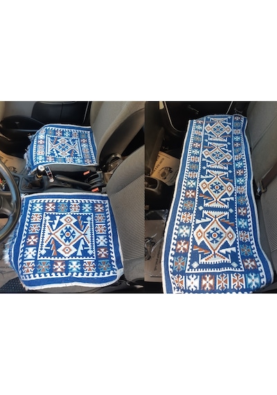 1.Sınıf Uşak Kilimi Oto Koltuk Üzeri Serme Kilim Seti Mavi Renk