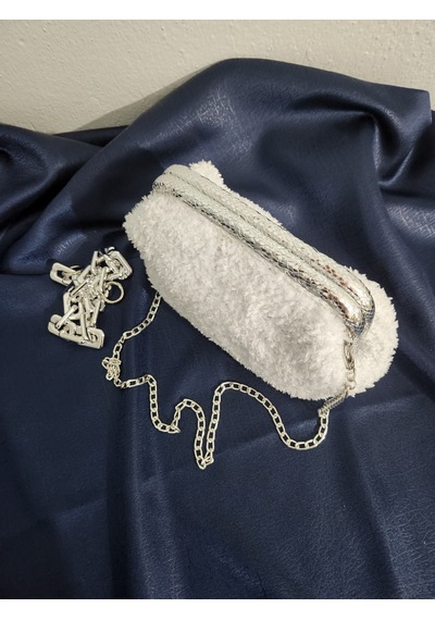 Shine, Beyaz Simli, Handmade, Teddy, Burslu, Kadın El Çantası Beyaz - Gümüş