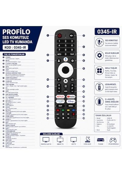 Profilo 0345-ır Led Tv Kumandası Netflix Youtube Prime Video Disney+ Tuşlu Ses Komutsuz Akıllı Kumanda
