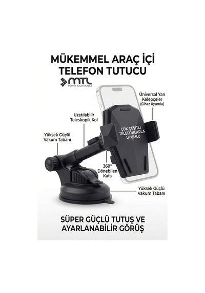 Otomatik Kilitli Teleskopik Kol Araç İçi Telefon Tutucu Dayanıklı Ve Güçlü Vantuz 360 Döner Mt6042 Siyah