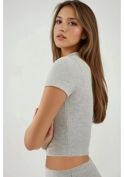Hiccup Slim Fit Triko Crop Bluz Gri