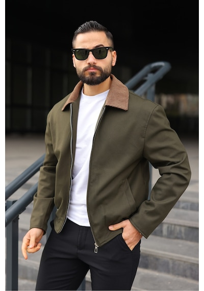 Kadife Yakalı Trucker Model Ceket Haki