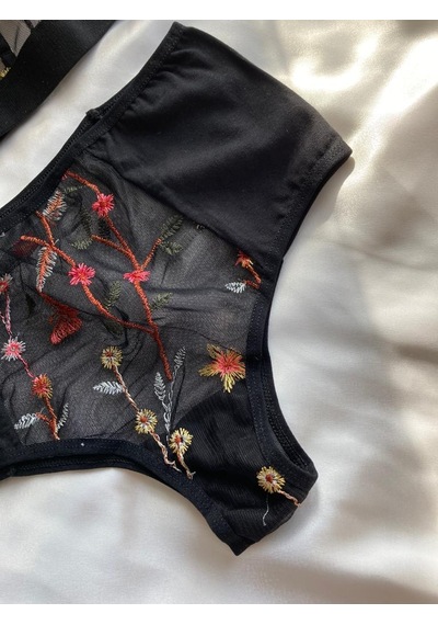 The Semy Çiçekli Siyah Sütyen Bralet Yüksek Bel Takım Siyah