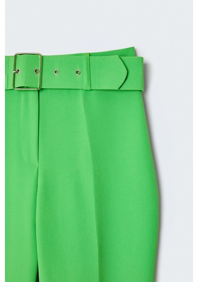 Sateen Yüksek Bel Kemerli Pantolon - Açık Yeşil-132384