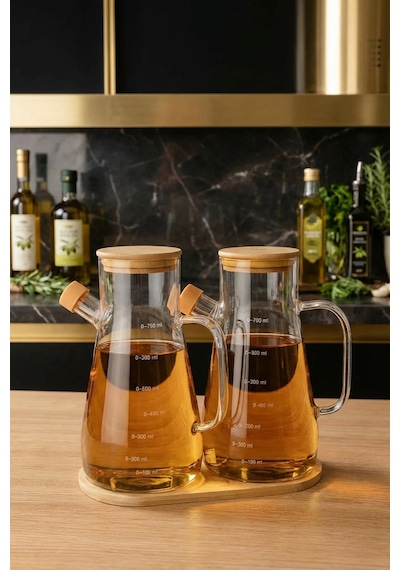 2'li 900 Ml Bambu Kapaklı Ve Altlıklı Borosilikat Cam Yağdanlık, Isıya Dayanıklı, Yağ/sirke/sosluk Şeffaf