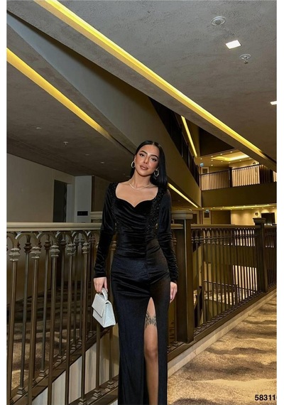 DefyModa Kadın Trend Model Esnek Kadife Kumaş V Yaka Yırtmaçlı Abiye Elbise Siyah