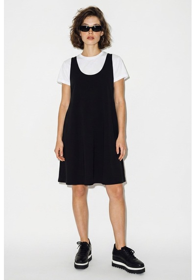 Kadın Basic T-shirt Detaylı Askılı A Kesim Kısa Elbise 4153 60286368 - Siyah