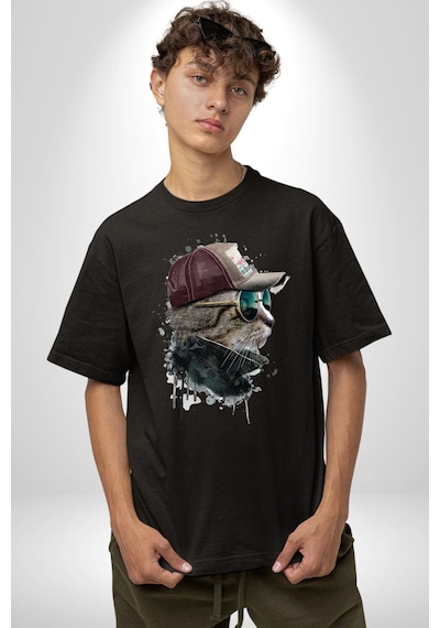 Pilot Çeketli Deri Şapkalı Cool Kedi Pamuklu Bisiklet Yaka Unisex Oversize Boyfriend Dijital Baskılı Siyah T-shirt Siyah Pilot Çeketli Deri Şapkalı Cool Kedi Pamuklu Bisiklet Yaka Unisex Oversize Boyfriend Dijital Baskılı Siyah T-shirt Siyah