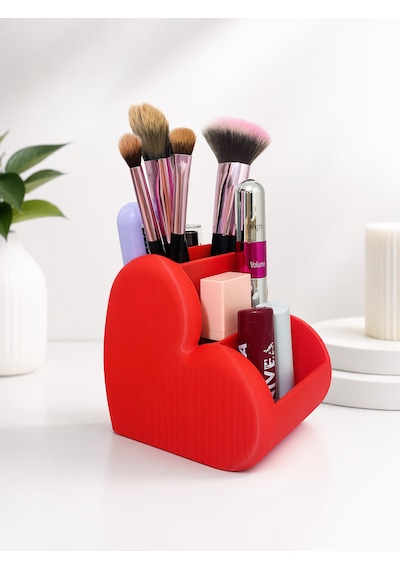 3d Baskı Kalp Tasarımlı Kalemlik & Makyaj Organizer Modern Masaüstü Düzenleyici Kırmızı