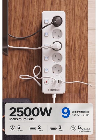 Akım Korumalı Priz 5'li + 2x Usb-a + 2x Usb-c 2 Metre Kablo 2 m