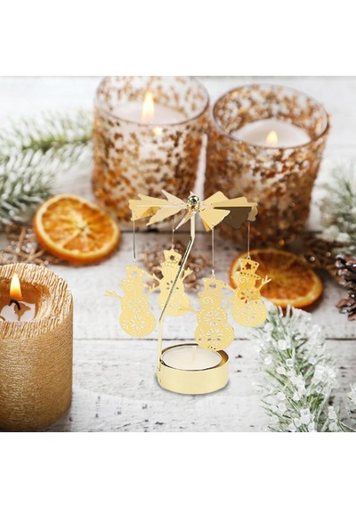 Altın Renkli Dönebilen Metal Tealight Mumluk Kar Tanesi Ve Noel Figürlü Dekoratif Mumluk Gold