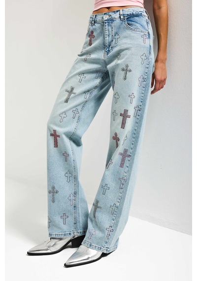 Itsbasic Kadın Kot Rengi T-4s6-32 Özel Parlak Taşlı Elastan Kumaş Tasarım Denim Jean Mavi