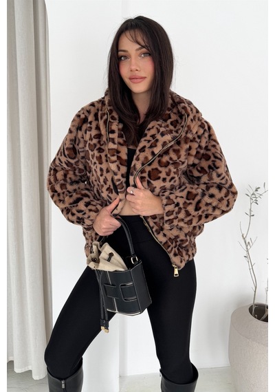 Femelle Leopar Fermuarlı Kapüşonlu İçi Astarlı Peluş Kürk Mont Çok Renkli