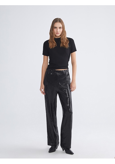 Lcw Everyday Siyah Standart Fit Payetli Kadın Pantolon