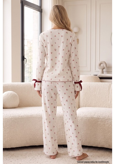Siyah İnci Desenli Bürümcük-krınkıl Kurdele Detaylı Düğmeli Hırka Pijama Takım 26223921 Ekru Lale