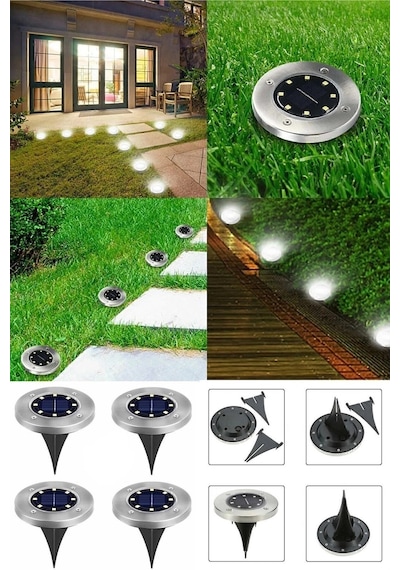 2 Adet Set Solar Güneş Enerjili 8 Ledli Kazıklı Zemin Bahçe Aydınlatması Gün Işığı Set Yere Saplamal
