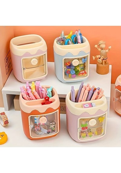 Sevimli Masaüstü Kalemlik Kawaii Kapaklı Mini Dolaplı Kalemlik - Turuncu Turuncu