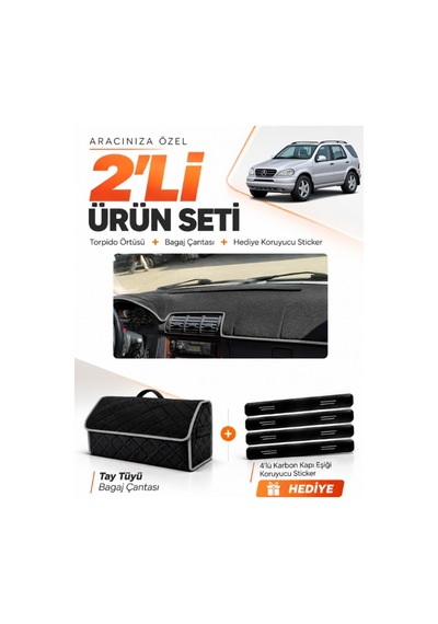 E-biz Mercedes W163 M-class 1997-2005 Uyumlu Torpido Örtüsü + Tay Tüyü Çanta - Siyah-gri - Mb016