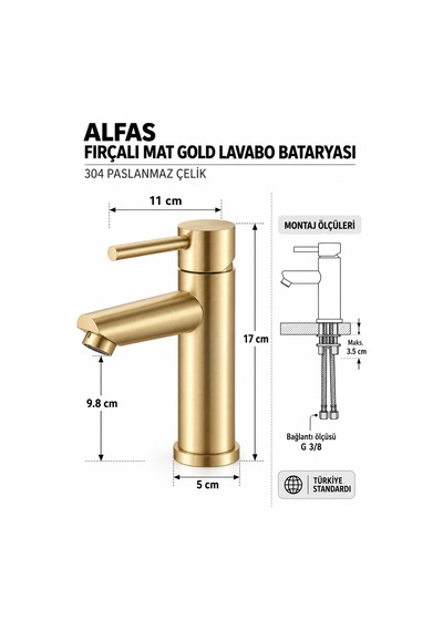 Lavabo Bataryası Mat Gold Fırçalı Altın 304 Paslanmaz Aç Kapa Banyo Bataryası Leke Tutmaz Mat Altın