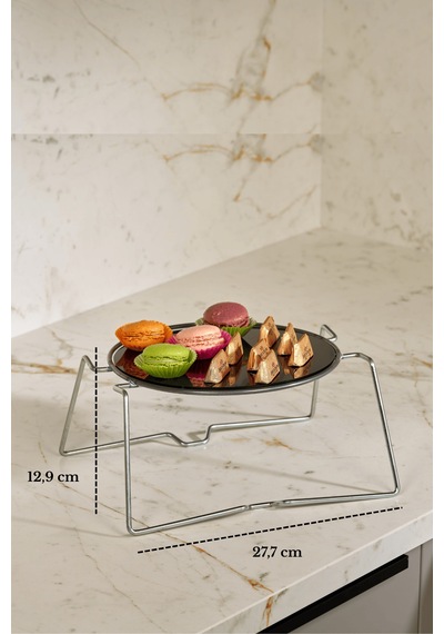 Parlak Silver Yuvarlak Sunumluk İkramlık Pasta Servis Standı Metal Ayaklı Siyah Pleksi Gümüş
