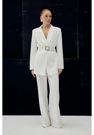 Sateen Kemer Detaylı Blazer Ceket Ekru