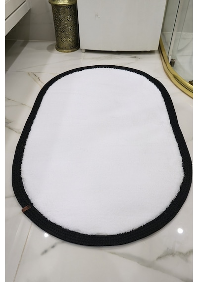 Kaymaz Taban Puffy Peluş Ultra Yumuşak 50x70 Cm Bordürlü Şık Tasarım, Suya Dayanıklı Banyo Paspası Beyaz-siyah