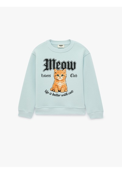 Koton Kedi Baskılı Bisiklet Yaka Uzun Kollu Pamuklu Sweatshirt Mavi 7wkg10261ak
