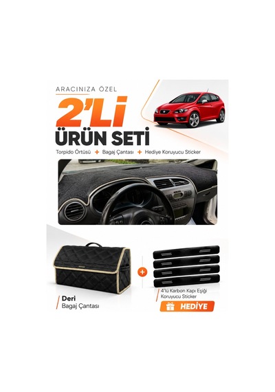 Seat Leon 2005-2012 Uyumlu Torpido Örtüsü + Deri Bagaj Çantası + Sticker Seti - Siyah Bej