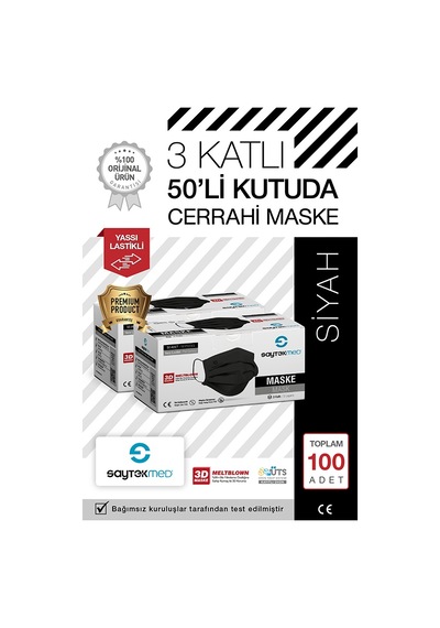 Saytekmed Meltblown Filtreli, Yassı İpli, 3 Katlı Siyah Maske (2 Kutu/100 Adet)