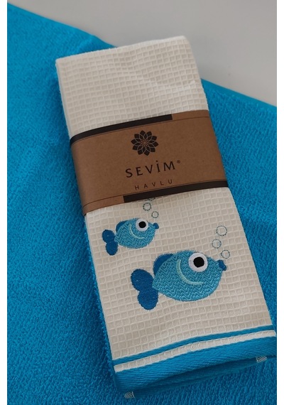 2 Li Nakışlı Mutfak Havlusu - %100 Pamuk Balık Desenli - 40x60 Cm Mavı Mavi