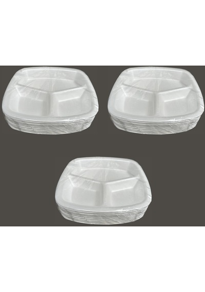 Dağyüce Tek Kullanımlık Köpük 3 Bölmeli Tabldot Köpük Tabak - 23.5x25 Cm. - 10 Adetlik 3 Paket