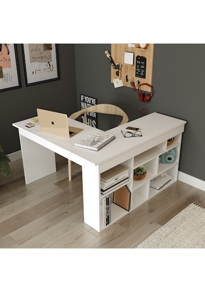 Robinhome Robin Home Boston Kitaplık Raflı Çalışma Masası Ofis Masası Beyaz