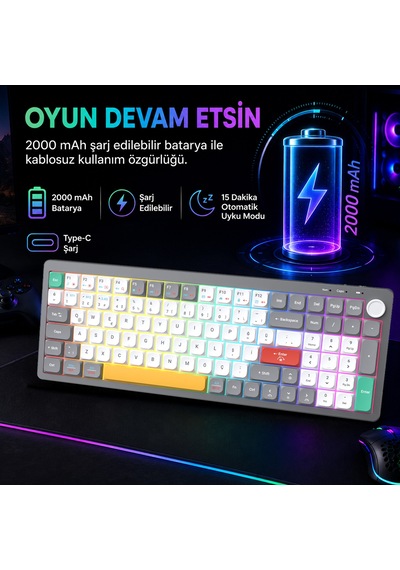 Lecoo GK100 3 Modlu Kablosuz RGB 100 Tuş Türkçe Q Membran 2000 mAh Gaming Oyuncu Klavyesi