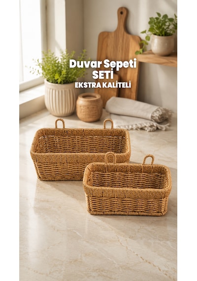 2 Adet Dikdörtgen Hasır Duvar Sepet Seti - Düz Hasır Rattan Duvar Saksısı - Yüksek Kaliteli Çelik Hasır - Tutma Sapı Ve Duvar Aparatı