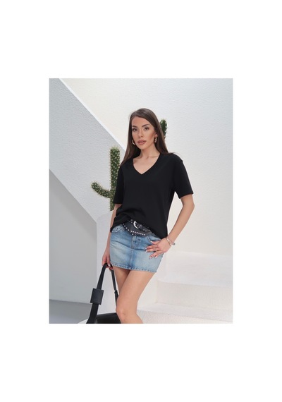Paw Garage Kadın Massi İnterlok Kumaş V Yaka Oversize T-shirt SIYAH