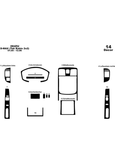 Isuzu D Max Tek Kabin 2x2 Konsol-torpido Kaplama 2005-2006 14 Parça-piano Black Piano Black