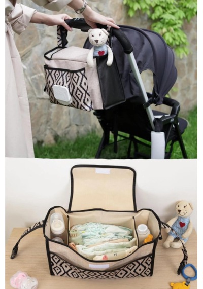 Bebek Arabası Çantası Organizer Anne Bebek Bakım Çantası Puset Düzenleyici Çanta Stroller Bag Kahverengi - Siyah