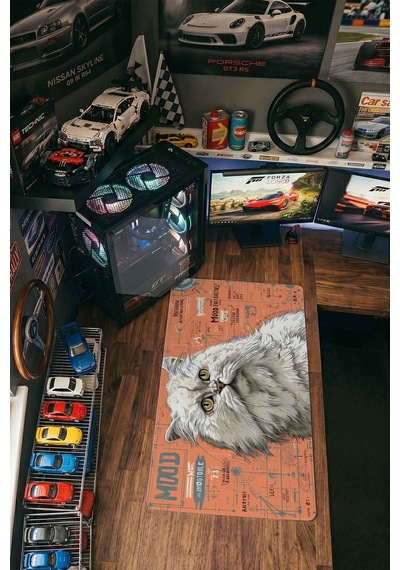 Beyaz İran Kedisi Turuncu Blueprint 40x90 Cm Oyuncu Mousepad Kaymaz Taban Büyük Boy Siyah