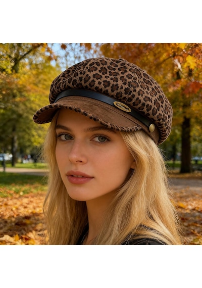 Valkyrie Kadın Leopar Desenli Denizci Şapkası Newsboy Kasket Baker Boy Şapka Vintage Retro Sonbahar Kış Şapkası Kahverengi