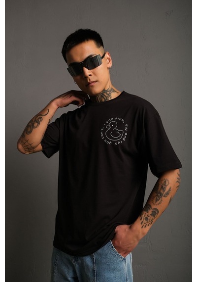 Technomonkey Unisex Siyah Oversize Ördek Baskılı Techno Tişört