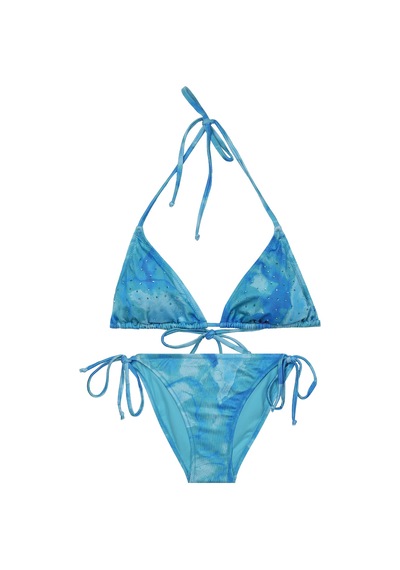 Taşlı İpli Üçgen Parlak Bikini Takımı Mavi