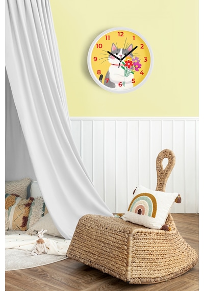 Sevimli Kedi Çocuk Odası Duvar Saati - 30cm - Önü Camlı Beyaz Kasa - Sessiz Mekanizma-jh1125 Beyaz