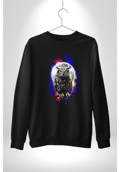 Baykuş Ay Gece Uğur Unisex Siyah Sweatshirt Siyah