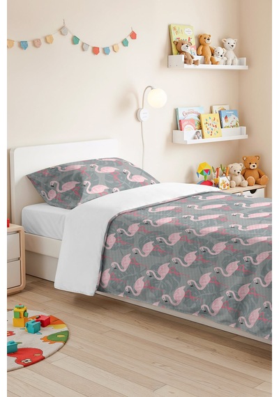 Flamingo Pembe Genç Odası Tek Kişilik Pike Takımı - Tropikal Gri 160x220 Cm Kapitone Yatak Örtüsü Haki