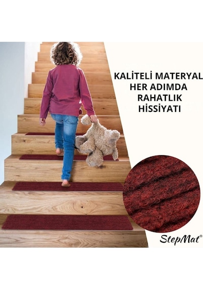 Kare Kaymaz Tabanlı Ve Yıkanabilir Merdiven Basamak Halısı - Bordo / Adet Olarak Satılır Null